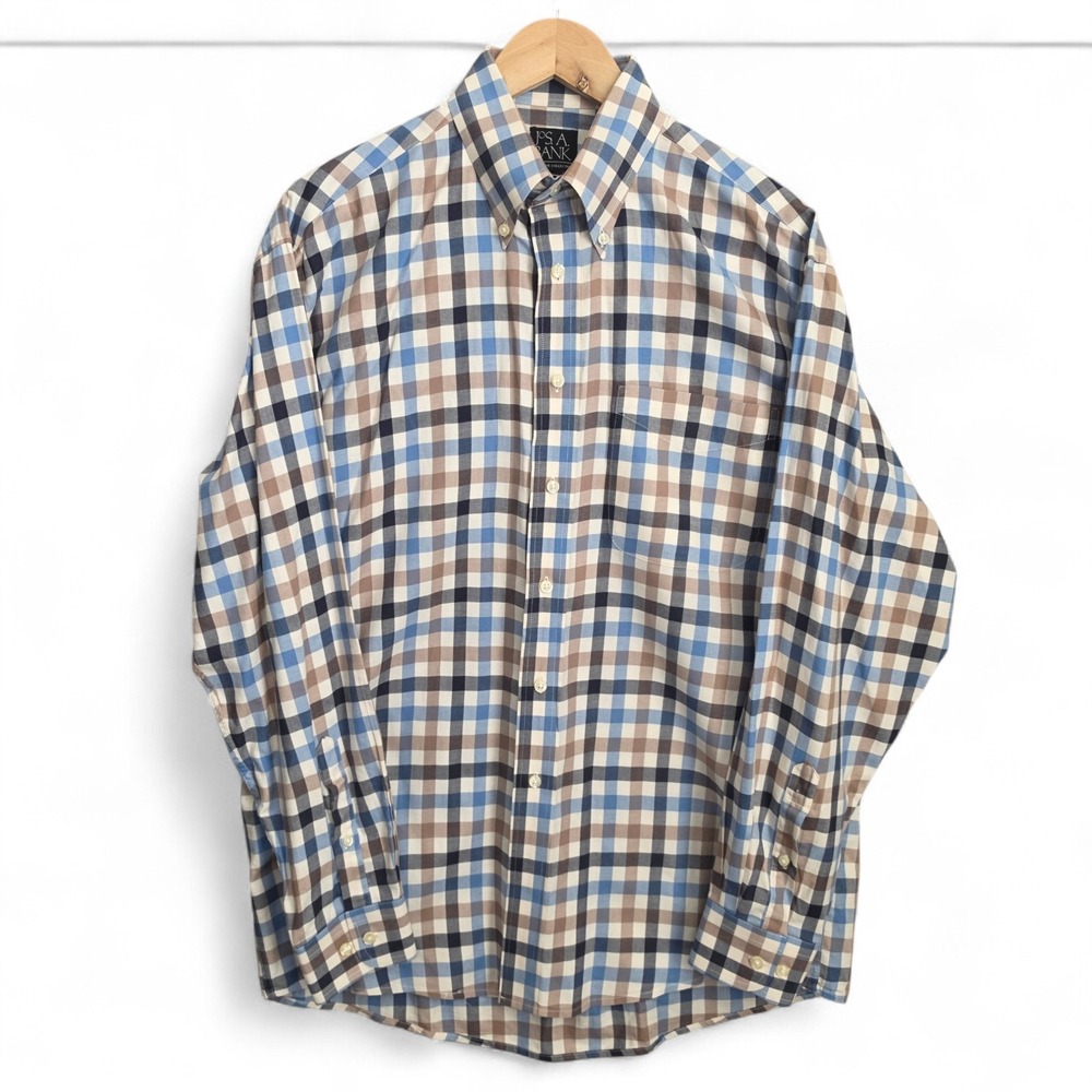 Jos‎ A Bank Dress Shirt Mens Medium Brown Blue Button Up Check Executive